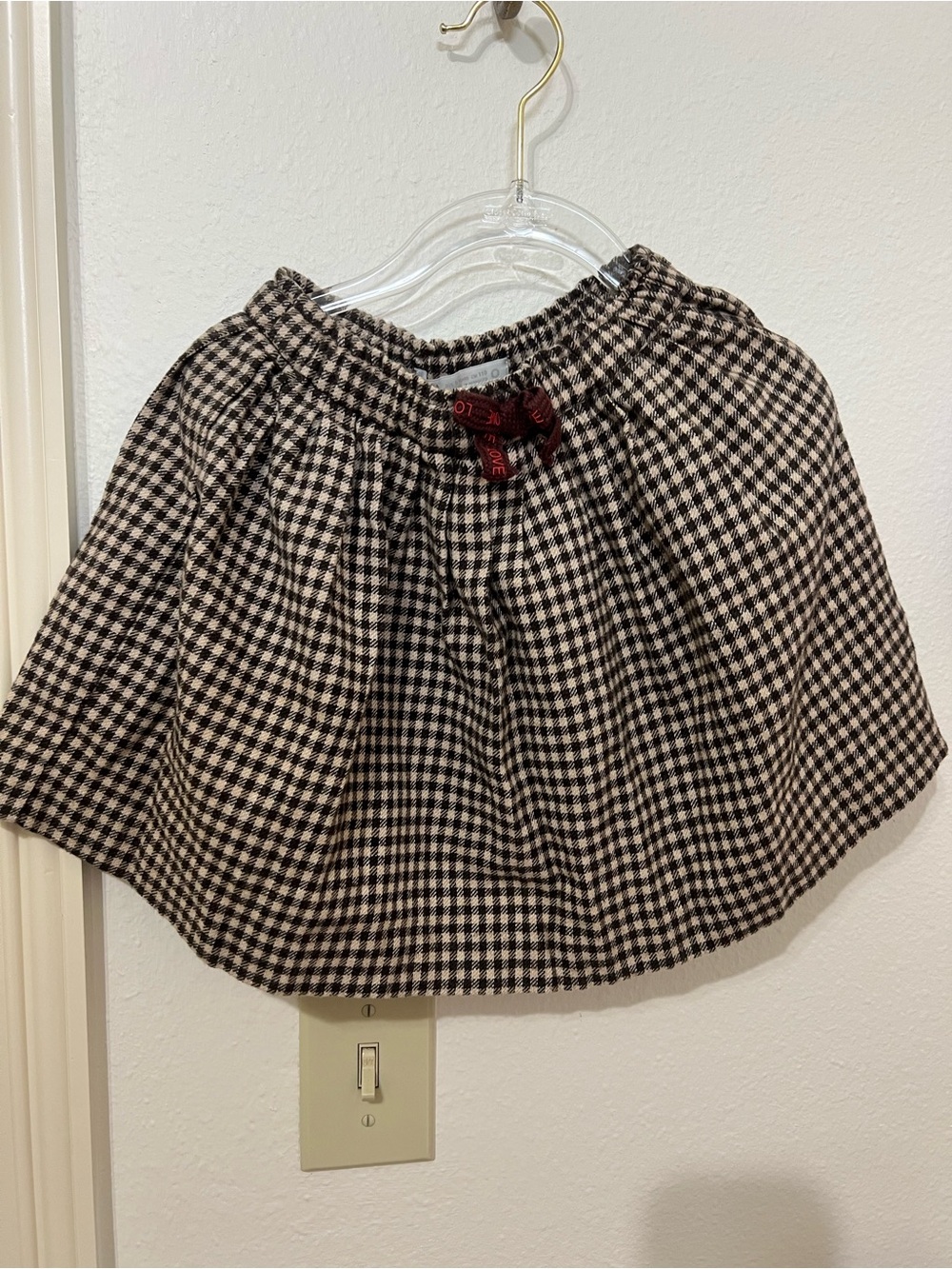 Zara Black and Cream Gingham Gathered Mini Skirt with Burgundy Bow